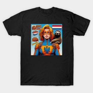 Dutch: Female 80's Comic Book Hero with Sloth T-Shirt